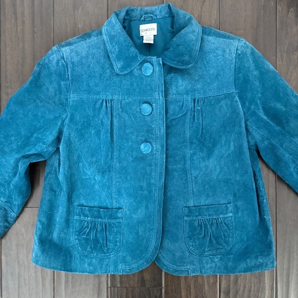 VTG Chico's Genuine Suede Teal Cropped Pea Coat Style Exaggerated Button Jacket - Picture 6 of 11